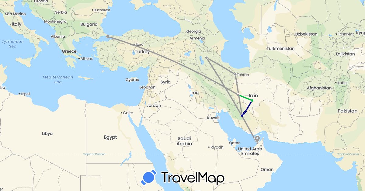 TravelMap itinerary: driving, bus, plane in United Arab Emirates, Iran, Turkey (Asia)