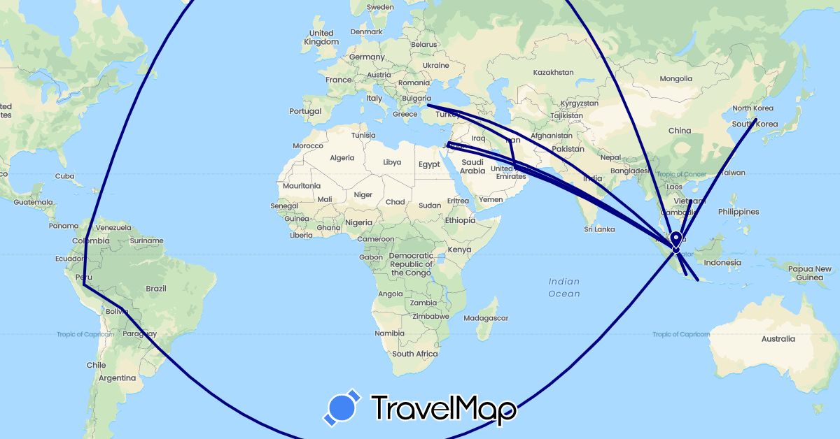 TravelMap itinerary: driving in United Arab Emirates, Bolivia, Colombia, Indonesia, Israel, Iran, Jordan, Malaysia, Peru, Singapore, Turkey, Vietnam (Asia, South America)